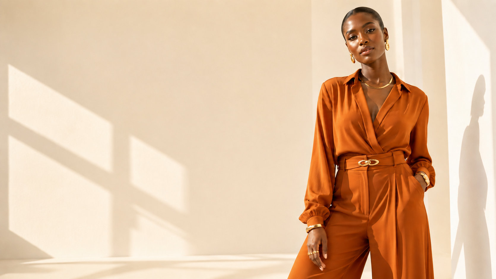 Femme élégante vêtue d’un ensemble orange avec des bijoux dorés dans l’univers Crystale Shop